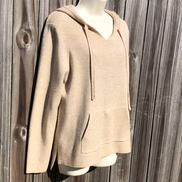 Magaschoni Medium V Neck Hoodie Hooded Sweater Top Tan Cream Heather Pullover - Picture 3 of 6
